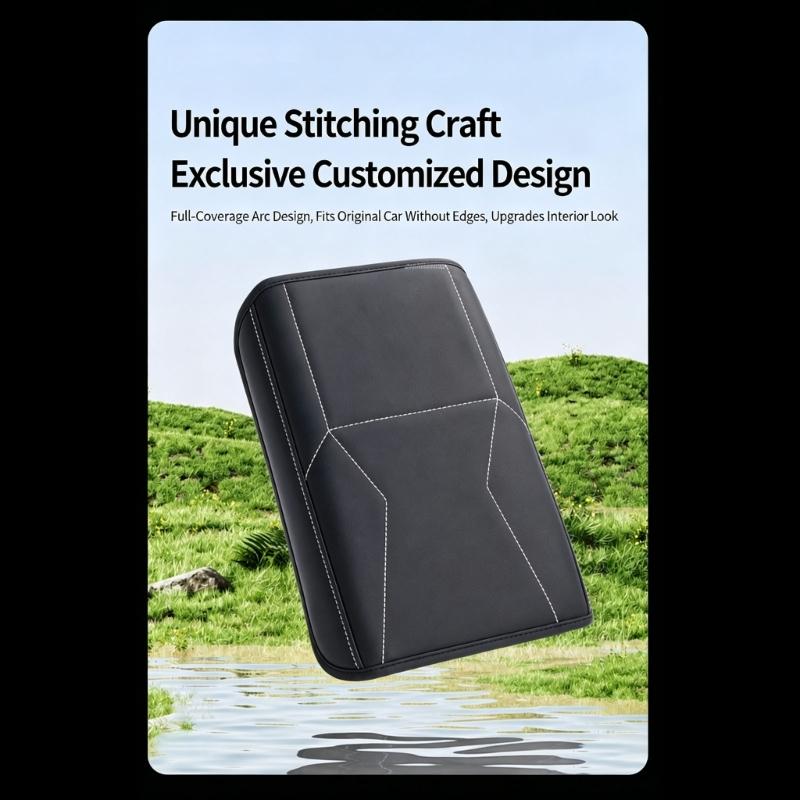 Center Console Armrest Cover with Elastic Hold and Slip On Fit, Vehicle Armrest Lid Cover In Black Stitched Style for Cabin Use