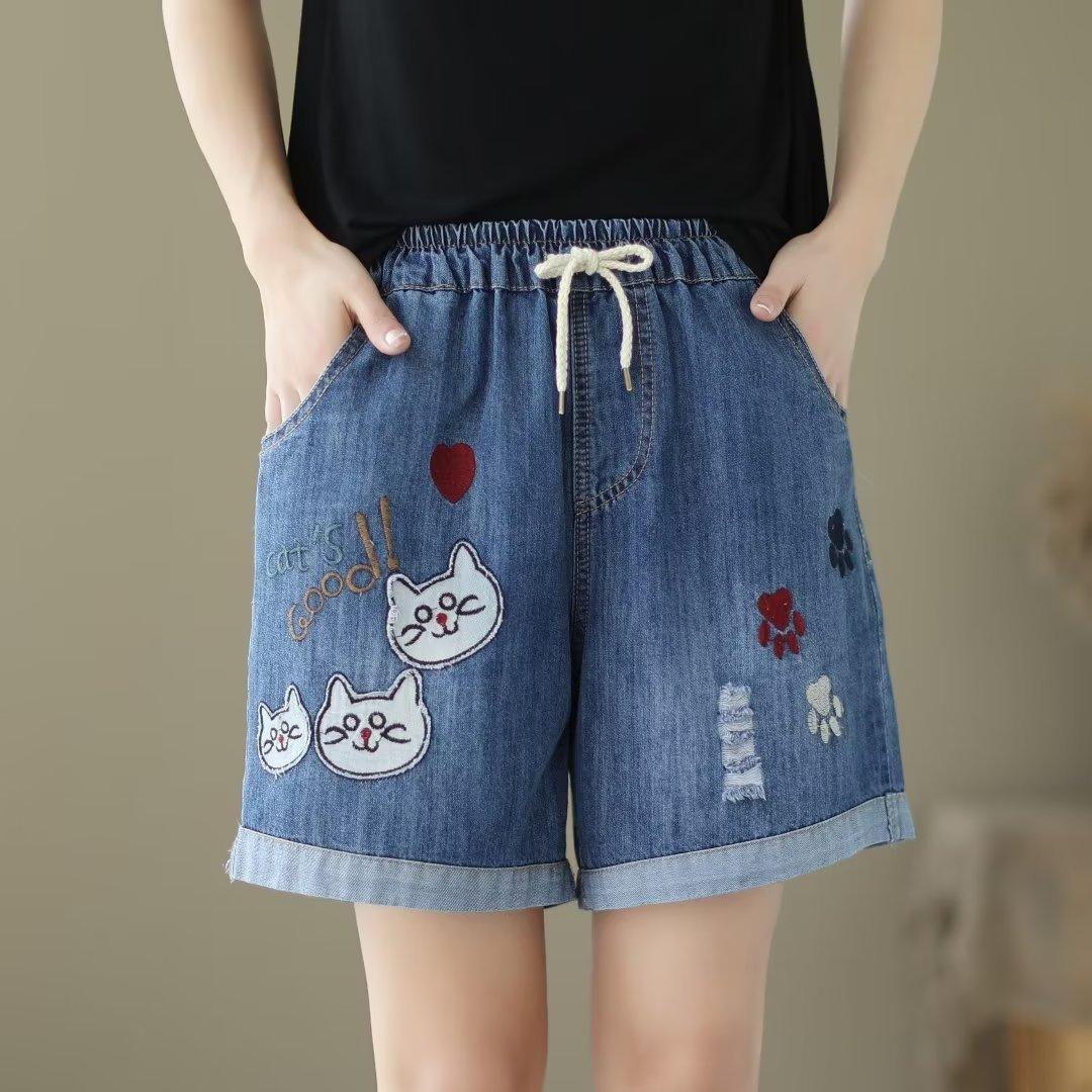 

Japanese Denim Shorts Women s Summer Loose and Thin Retro Casual Embroidered Three-point Pants Wide-leg Pants S