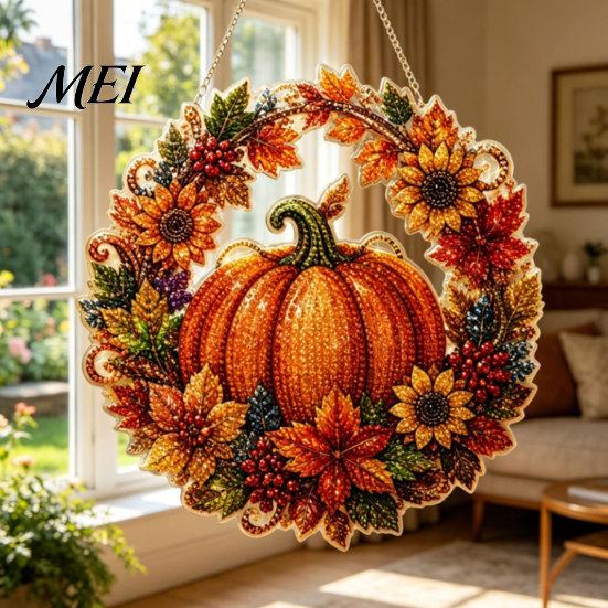 Beautiful Holiday Ornament Fall Pumpkin Sunflower Wreath Hanging Decor, Acrylic Hand Painted Window Ornament, Thanksgiving Halloween Harvest