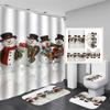 Cute Snowman Christmas Shower Curtain Set Silver Pine Branches Snowflake Xmas Balls Bathroom Decor Rug Bath Mat Toilet Lid Cover