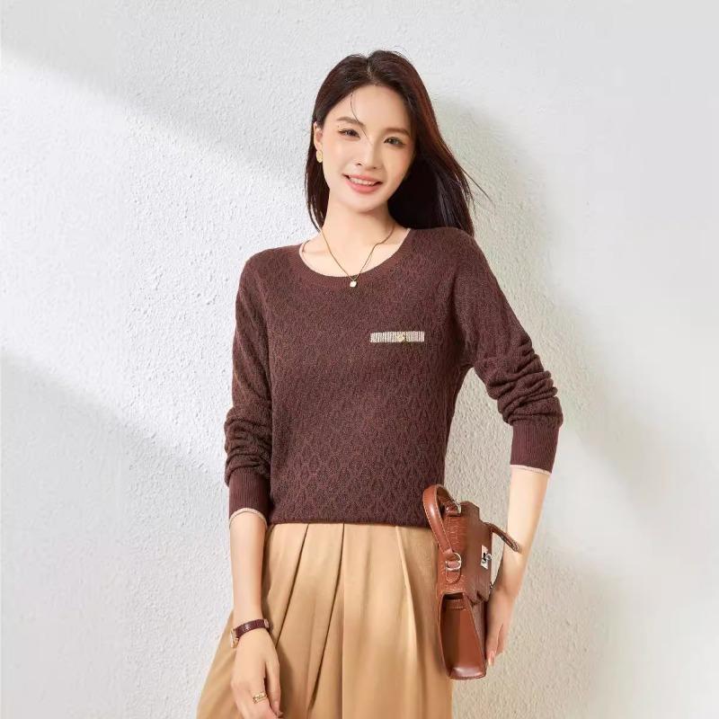 Silk Wool Blended Wool Sweater Women's Crew Neck Jacquard Sweater Knitted Sweater Top Bottoming Shirt