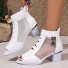 Outdoor Ladies' Mesh Fashionable Ankle Boots, Chunky Heeled Peep-Toe Shoes, Stylish Solid Color Short Boots for Wear.