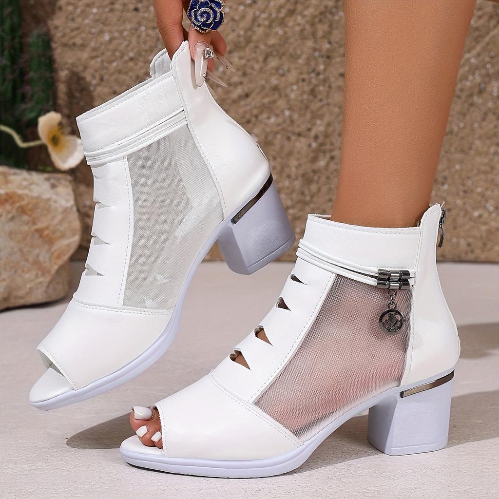 Outdoor Ladies' Mesh Fashionable Ankle Boots, Chunky Heeled Peep-Toe Shoes, Stylish Solid Color Short Boots for Wear.