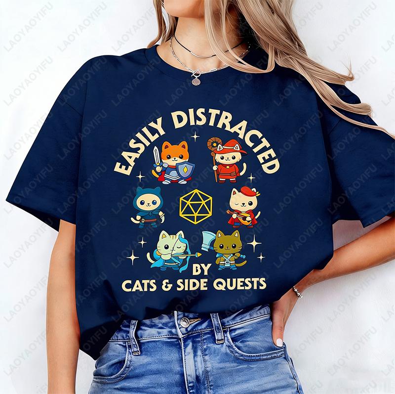 Easily Distracted By Cats And Side Quests Cotton Shirt D20 Side Quest Master Tshirt Dungeon Cat Lovely Printed Man Women Tee