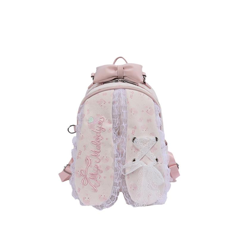 Schoolbag Cream Powder Floral Melody Backpack Sweet Girl Lace Bow Student School Bag Large Capacity Girl Backpack