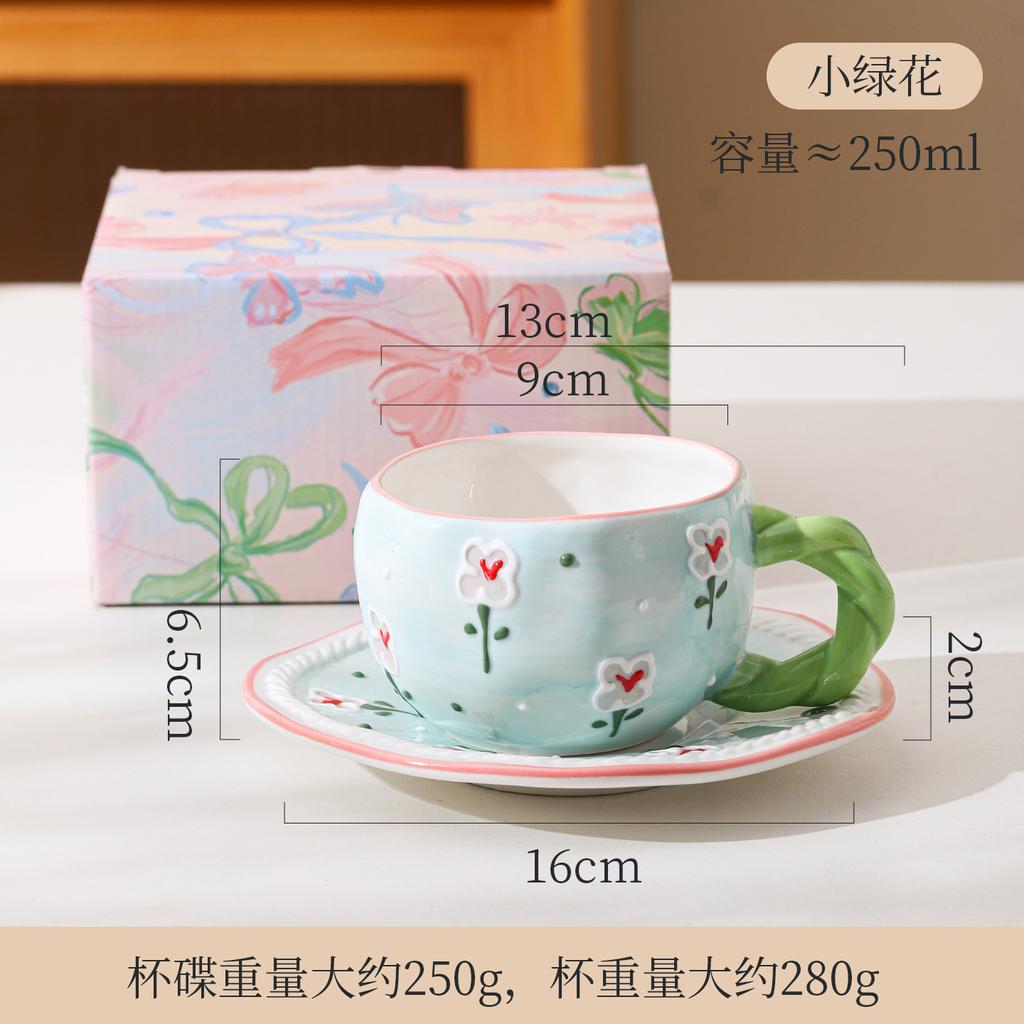 Hand Painted Relief Flower Bow Ceramic Coffee Cup Saucer Creative Hand Twist Handle Afternoon Tea Cup Saucer