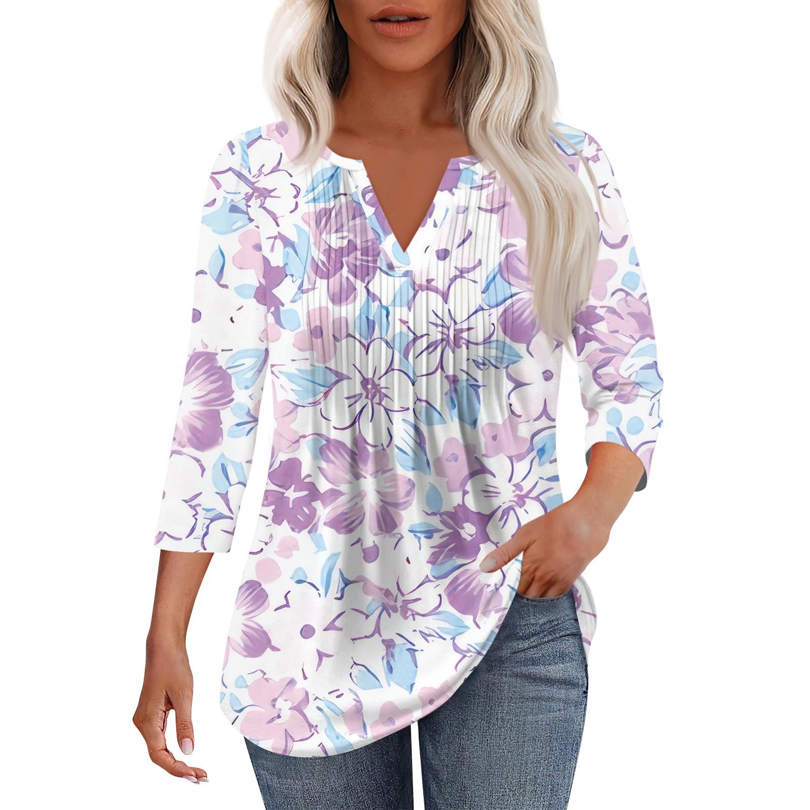 

Жіноча модна повсякденна плісирована однотонна футболка з V-подібним вирізом і рукавами сім чвертей L фіолетовий