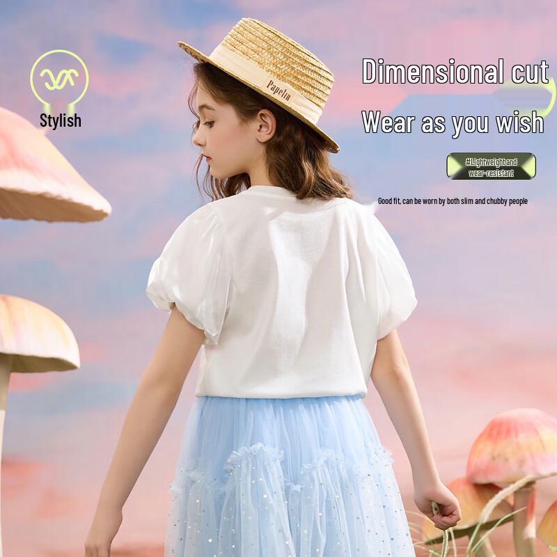 ASK JUNIOR Girl's Short Sleeve T-Shirt with Puff Sleeves and 3D Bow