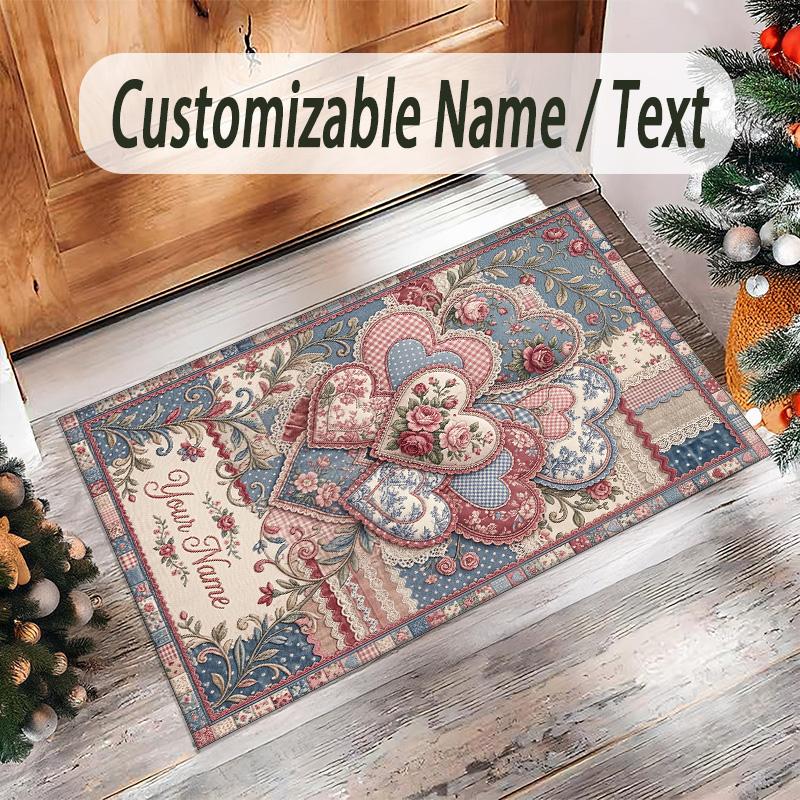 Hearts Theme Crystal Velvet Floor Rug Personalized Custom Name Text Warm Carpet Home Decoration