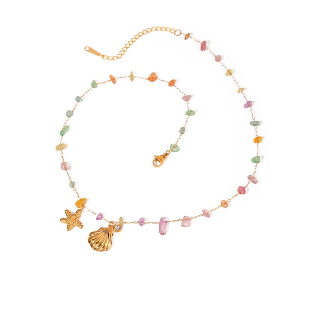 Elegant Gold Plated Stainless Steel Necklace Anklet Bracelet Set with Colored Crushed Stone and Starfish Rhinestone