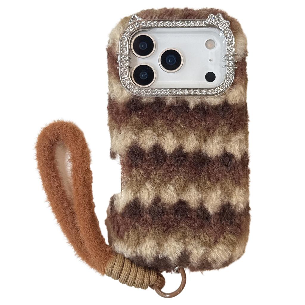 For iPhone 17 Pro Case Rhinestone Frame Striped Plush TPU PC Phone Cover with Strap