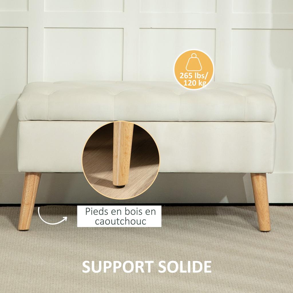 Storage Bench Velvet Fabric Storage Box With Wooden Legs Max Load 120 Kg 80 X 35 X 42 Cm Cream