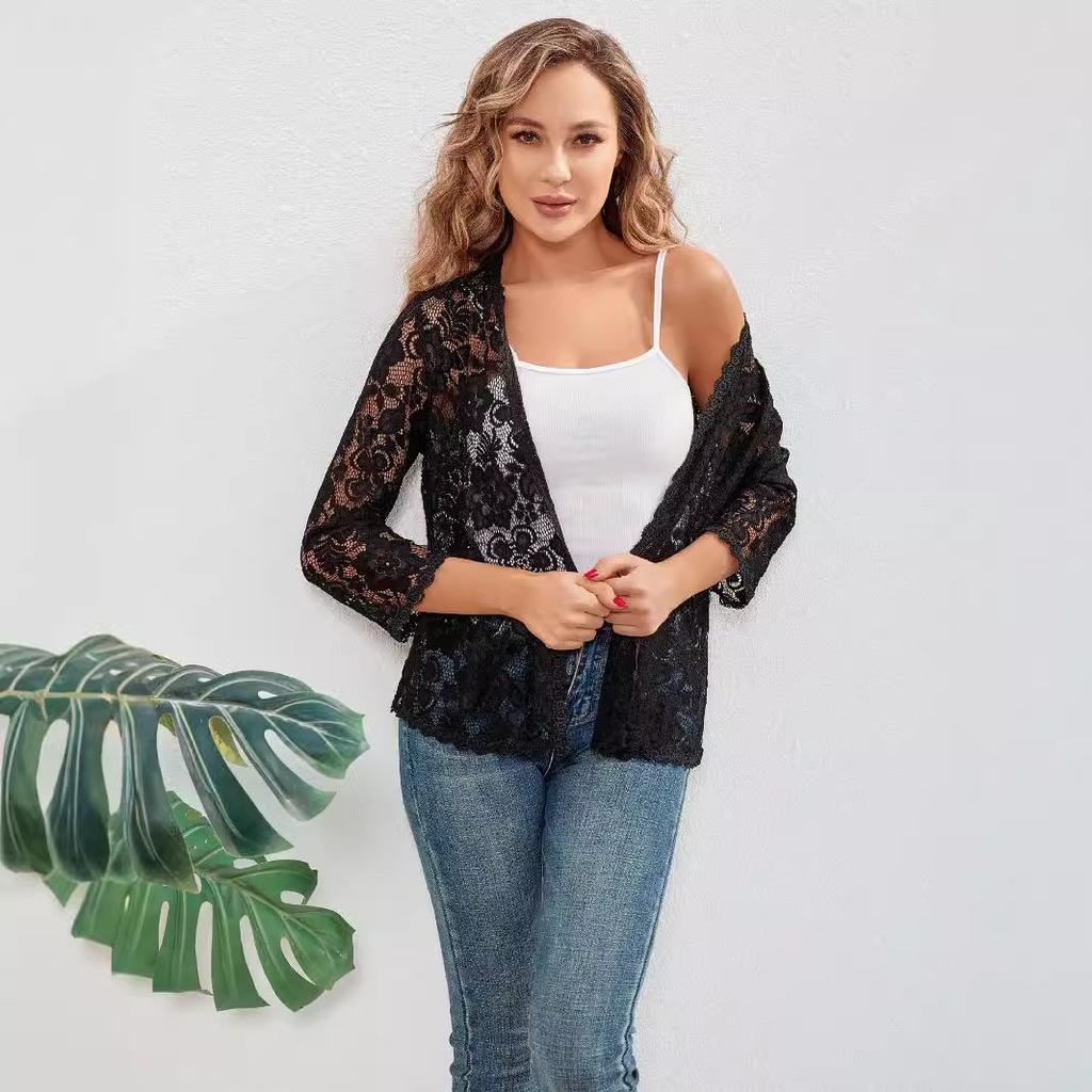 New Loose and Versatile Plus-size Sun-protective Lace Top with A Cut-out See-through Cardigan