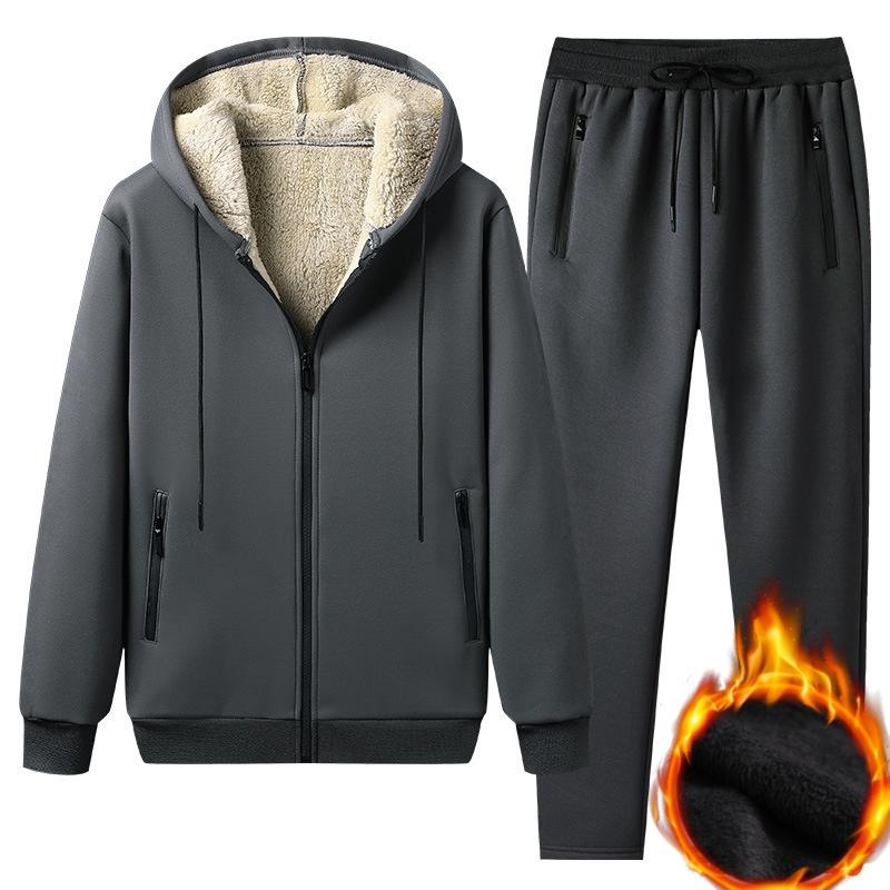 Fashion Warm Trousers Suit Lamb Velvet Men's Suit Thickened Solid Color Long-sleeved Hooded Casual