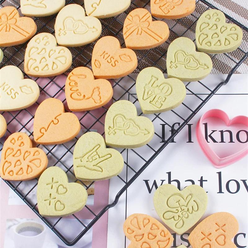 10Pcs Valentine's Day Cookie Embosser Mold Cartoon Heart Love Pattern Cookie Cutters Wedding Party Fondant Cake Decorating Tools