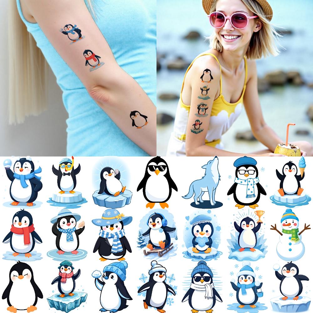 54 Stück Temporäre Tattoos Pinguin-Figuren Wasserdicht Langlebig Körperaufkleber Wintermotive Schneeflocken Cartoon Für Arme