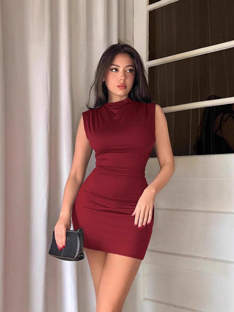 European and American Spring Sexy Ruched Sleeveless Tank Dress – High-End Waist-Hugging Short Dress