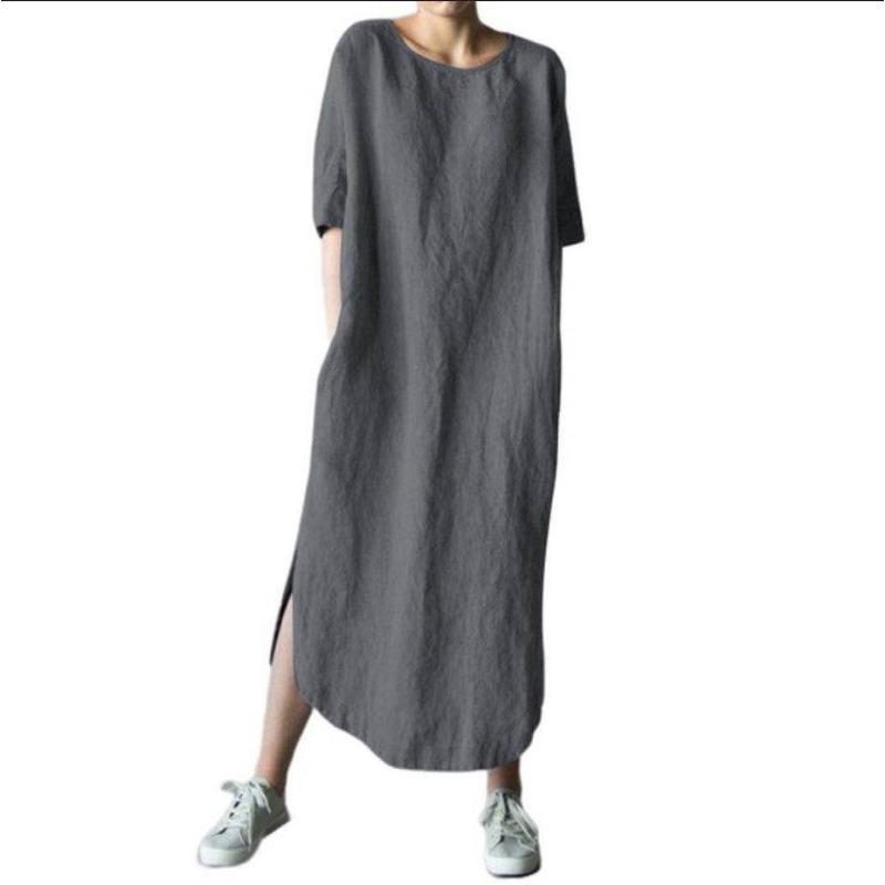 IHUASU Fashion Summer Spring Solid Color Print O-Neck Short Sleeve Casual Dresses