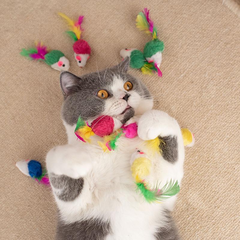 Interactive Pets Cat Toy Cute Soft Fleece Colorful Feather False Mouse Funny Playing Training Supplies for Kittens Cats