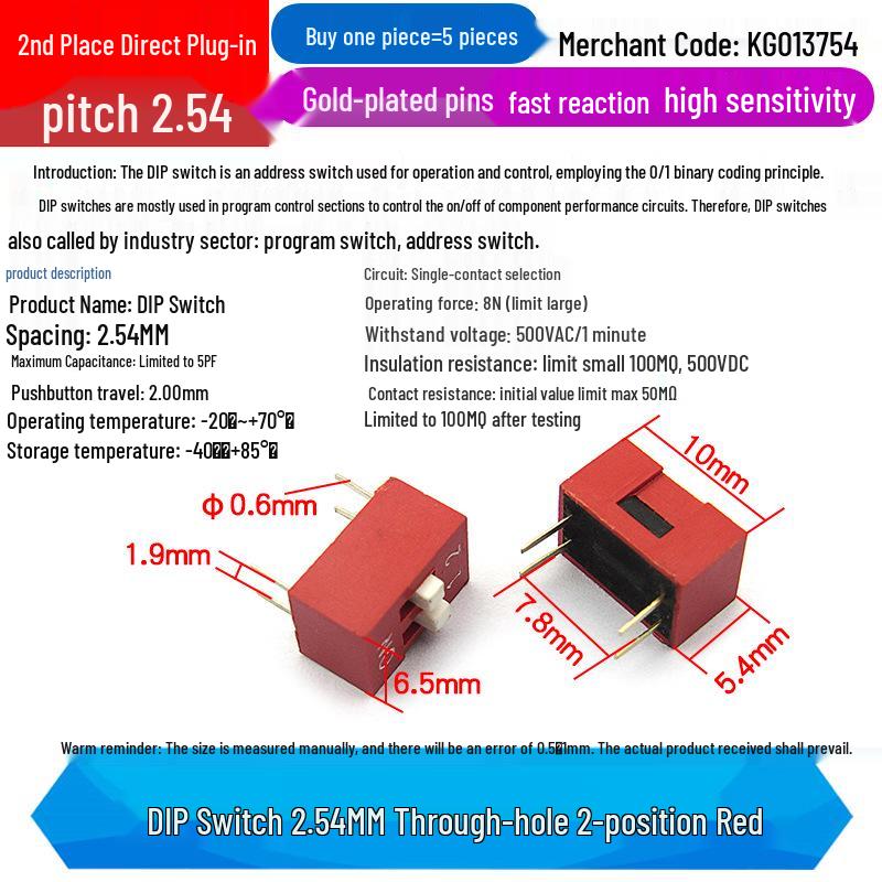 SMD DIP Switch, Flat Toggle, 2P 4-10 Positions, 2.54mm, Red/Blue/Black