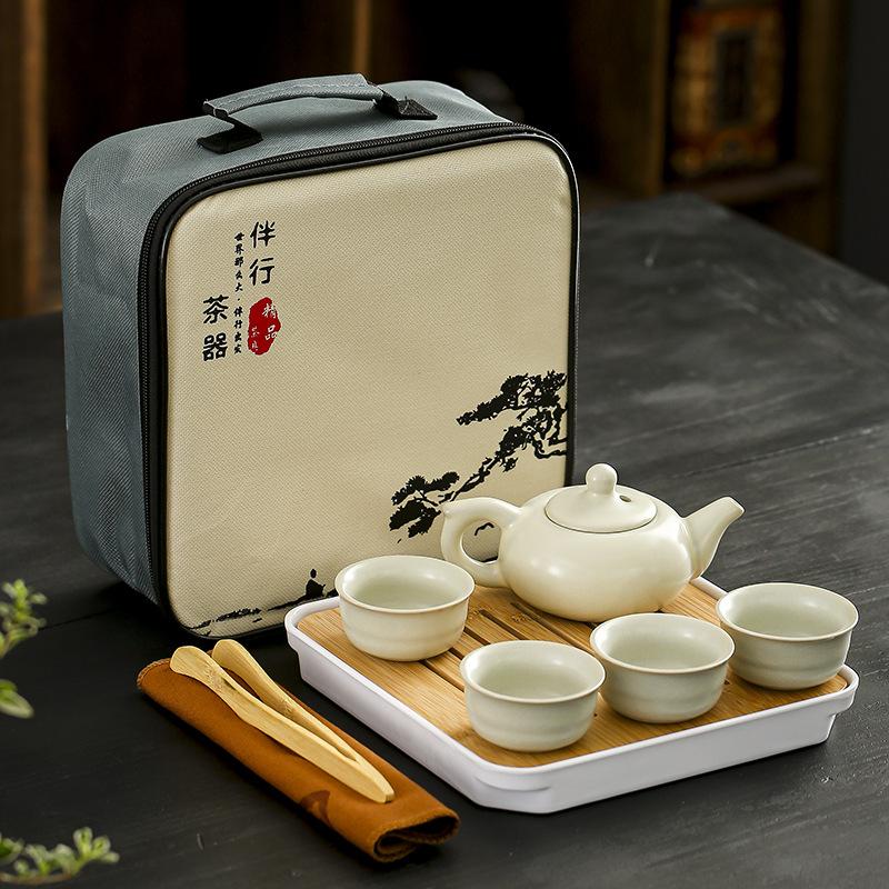 All the best travel tea set beige Ru kiln retro ceramics outdoor portable express cup kung fu business gifts