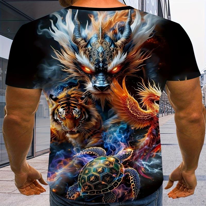 Men's Novelty Anime Graphic T-Shirt - 3D Digital Print Round Neck Casual Tee with Vibrant Tiger &