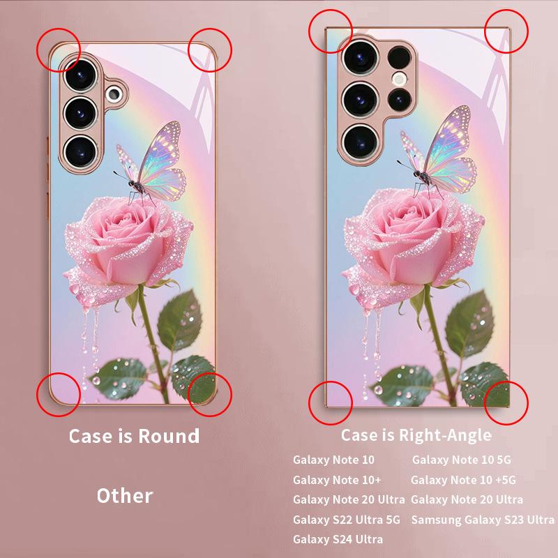 Sparkling pink rose butterfly glass phone case suitable for Samsung Galaxy S26 S25 S24 S23 S22 S21 S20 FE/Ultra/Plus anti drop