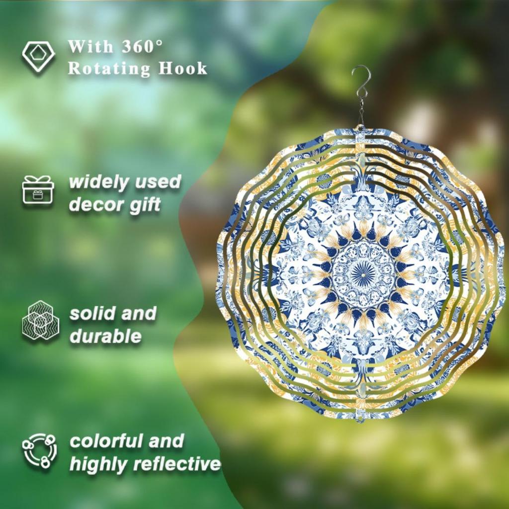 Blue and Golden Mandala Metal Wind Chime Handcrafted Outdoor Garden Decor with Intricate Floral Design Golden Accents Durable Wind Chimes