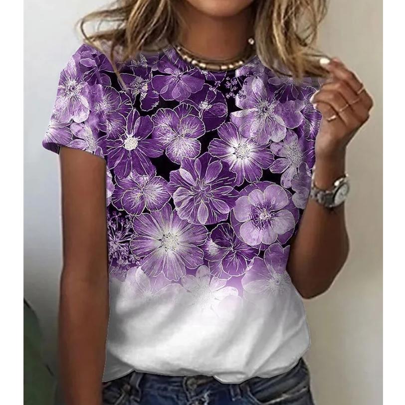 Женская футболка с круглым вырезом в стиле ретро с цветочным принтом и короткими рукавами — фото 4