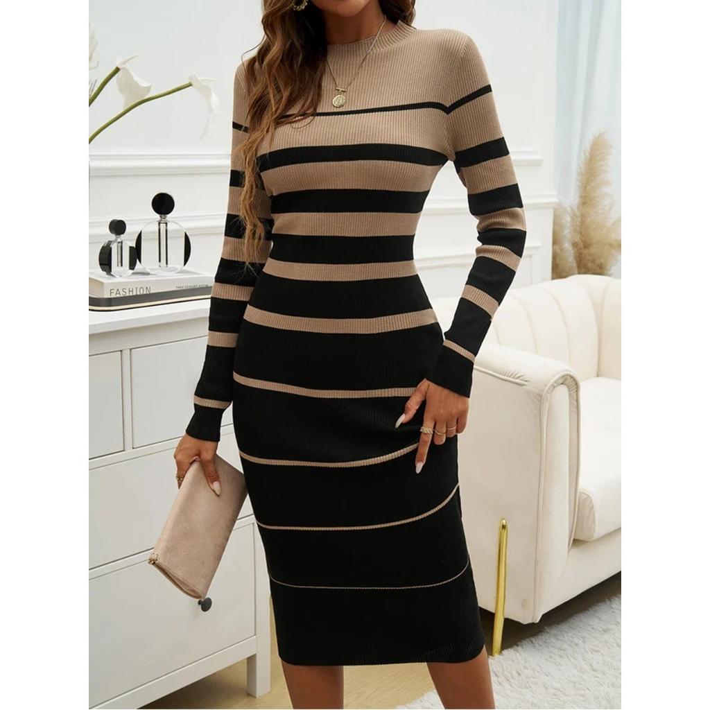 Women Patchwork Streetwear Dress Long Sleeve Knit Office Lady Elegant Dress Striped Bodycon Dress Fall Holiday Vestido
