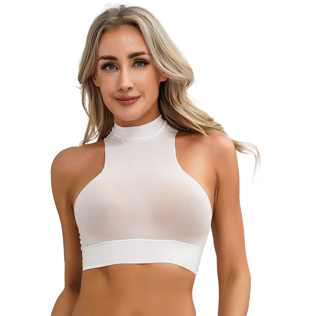 Womens Mock Neck Sleeveless Sheer Crop Top Glossy See Through Vest