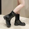 Fashion Retro Metal Buckle Decoration Western Cowboy Boots Women Square Toe Medium Heel Riding Boots Mid Calf Internal Elevation Shoes