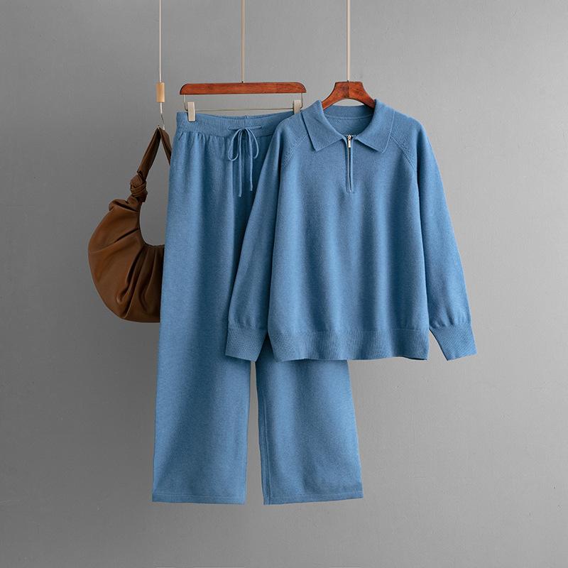 

Модный комплект Женский Осенне-зимний Поло-воротник Полумолния Повседневный Вязаный свитер Брюки широкие от бедра Комплект из двух предметов OneSize синий