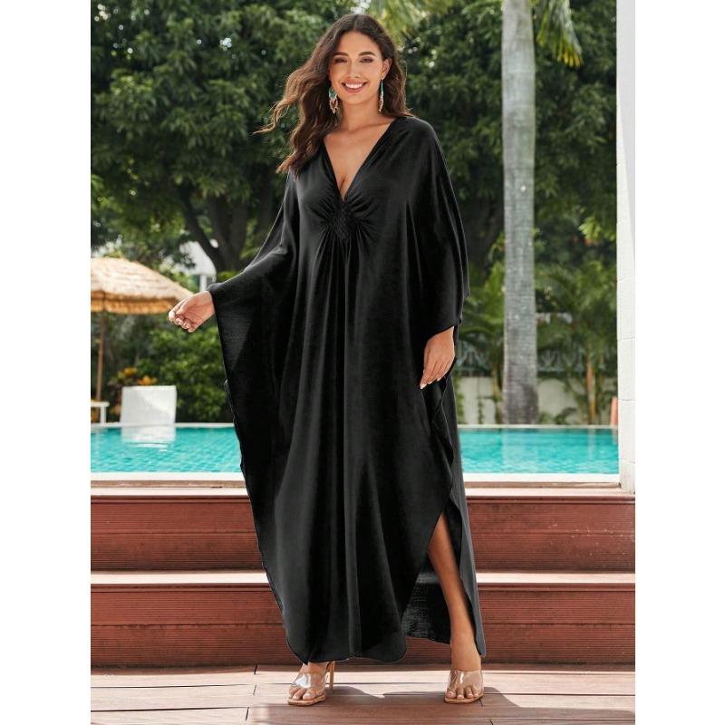 Women's Fashion Spring Fall Solid Color Print Long Sleeve V-Neck Loose Waistline Casual Dresses