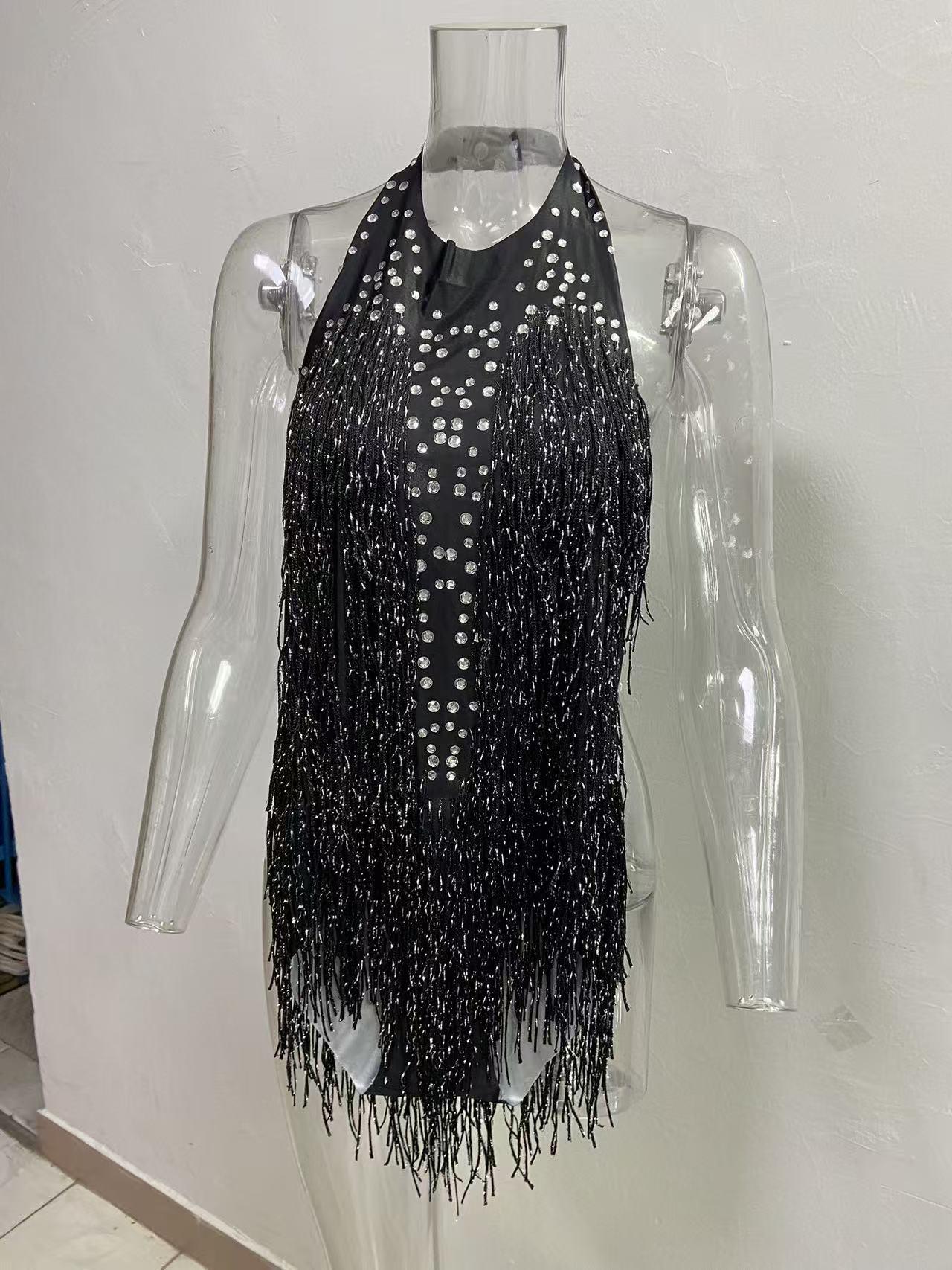 

Red Rhinestone Tassel Bodysuit - Nightclub Performance Outfit One Size чёрный