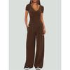 Women 2‑Piece Outfit V‑Neck Long Sleeve Ruched Top High Waist Wide Leg Pants Casual Loungewear Tracksuit Set