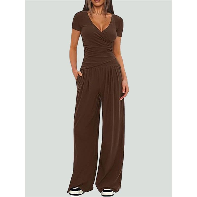 Women 2‑Piece Outfit V‑Neck Long Sleeve Ruched Top High Waist Wide Leg Pants Casual Loungewear Tracksuit Set