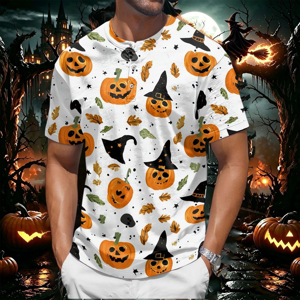 Mens Halloween Print Crew Neck Short Sleeve T Shirt Soft Fabric Casual Fit Pumpkin Pattern Comfortable Top