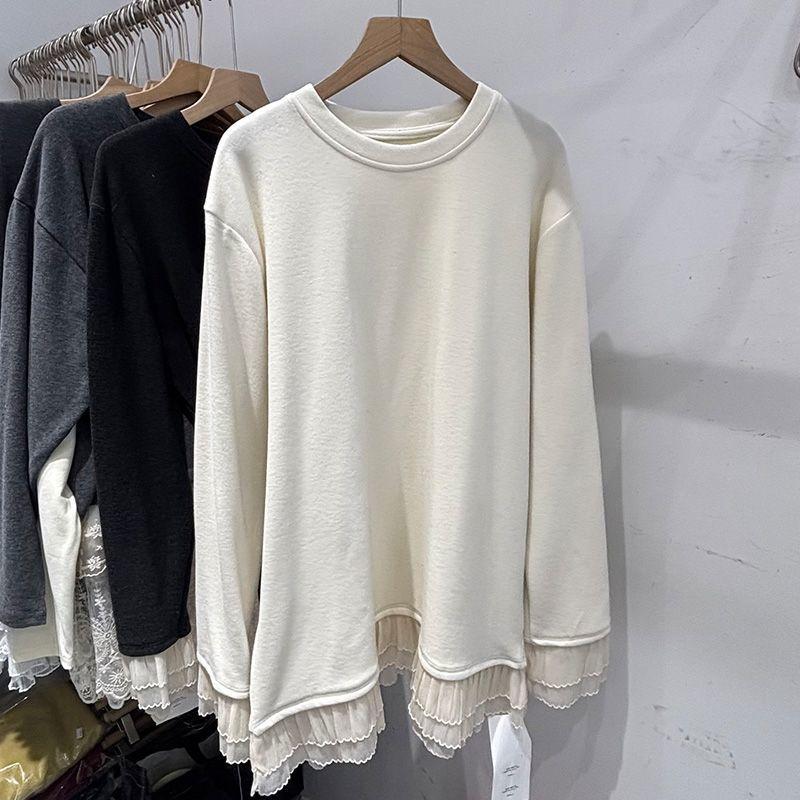 Pullovers Tops Women Long Sleeves Blouse Oversized Round Neck Loose Long Sleeve Shirt Slim Lace Pullover Tops