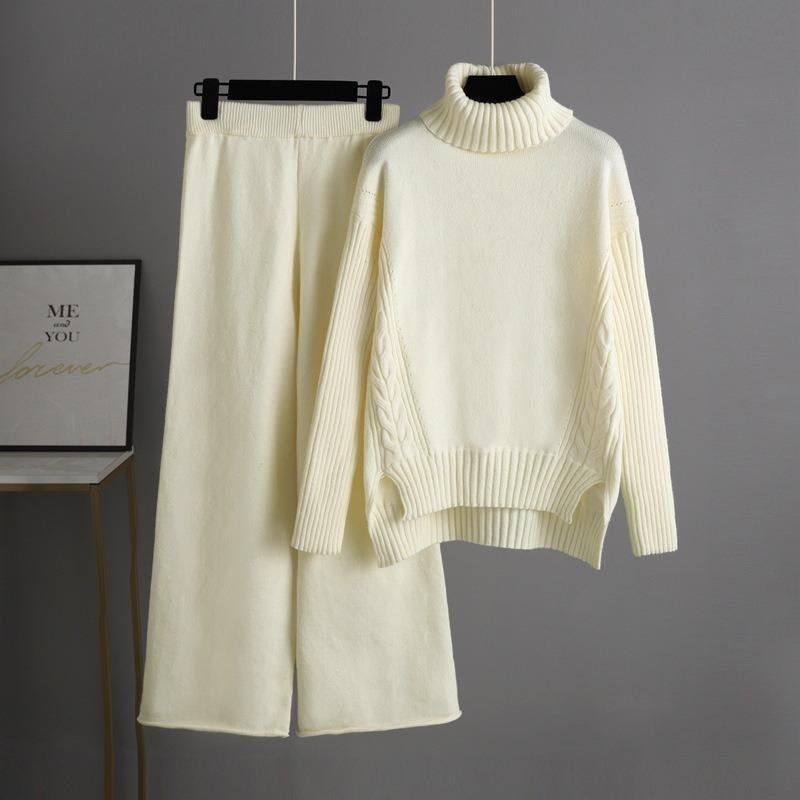 Autumn and winter new lazy style loose turtleneck sweater set women's fashionable wide-leg pants two-piece set women's