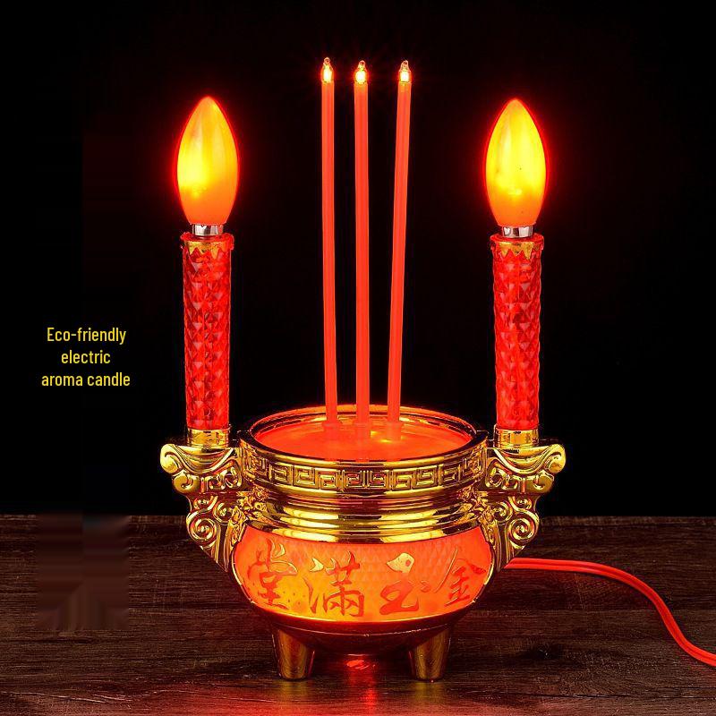 Buddha Offering Electric Candelabra: Complete Set with Incense Burner and Everlasting Lamp for Home Use