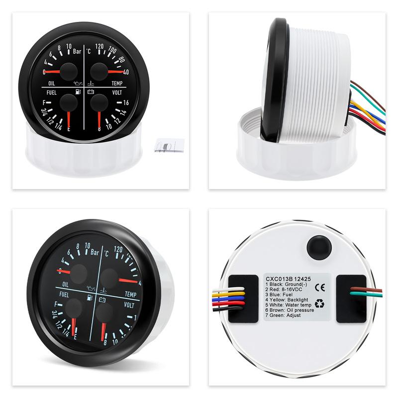 ZMFJH 100-550MM Fuel Level Sensor 0-190ohm 80MM Oil Pressure+Water Temp+Fuel Level+Voltage 7 Color LED for Marine Boat Yacht Car