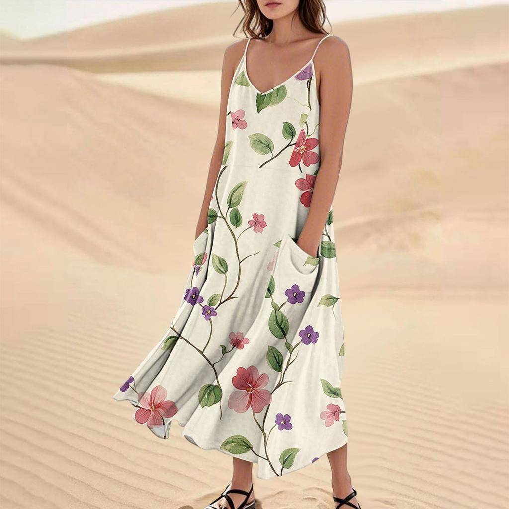 Women's Casual V Neck Floral Print Sleeveless Pocket Suspender Dress