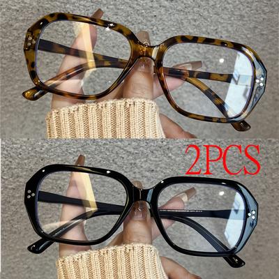 2PCS Retro Oval Big Frame Glasses Women's Anti Blue Light Glasses Fashion Style Leopard Print Eyeglasses Frame