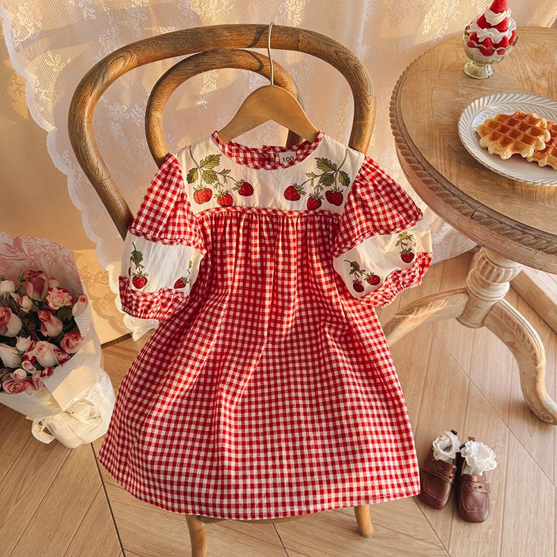 Girls Summer Puff Sleeve Strawberry Print Block Plaid Loose Princess Dress Casual Cute Party Wear For Kids