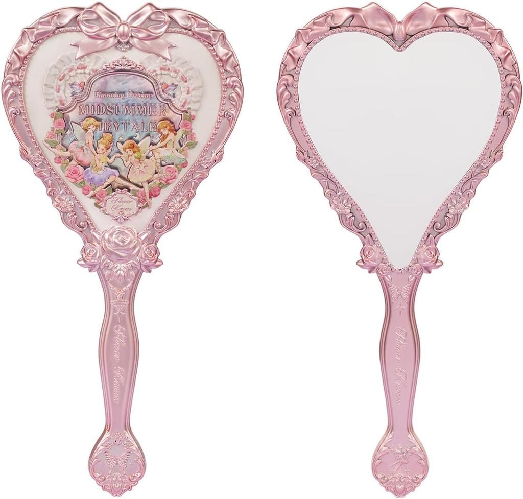 Flower Knows Strawberry Cupid Hand Mirror,Vintage Handheld Mirror,Fancy & Pretty Princess Mirror with Long Handle,Gift for Girls & Women(Milk Pink)