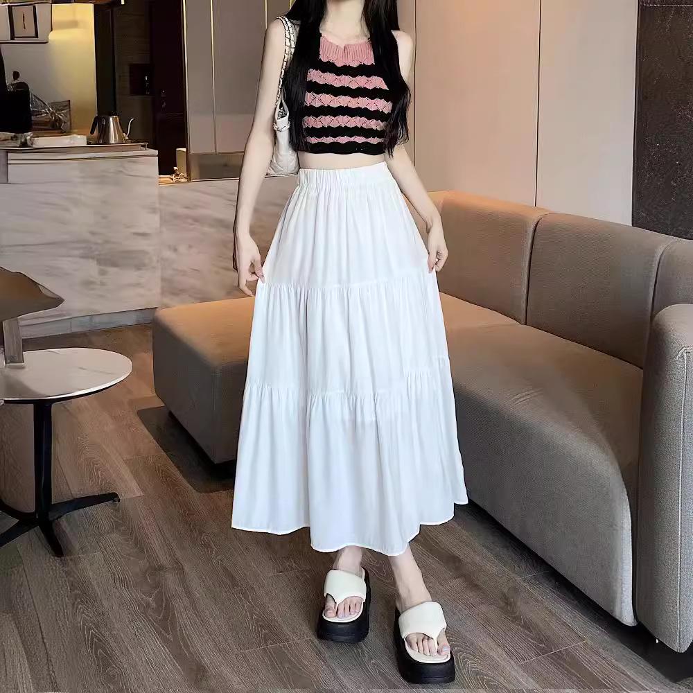 White Women's High-Waisted A-Line Midi Skirt, Slimming and Elastic Waist, Korean Style for Summer 2026