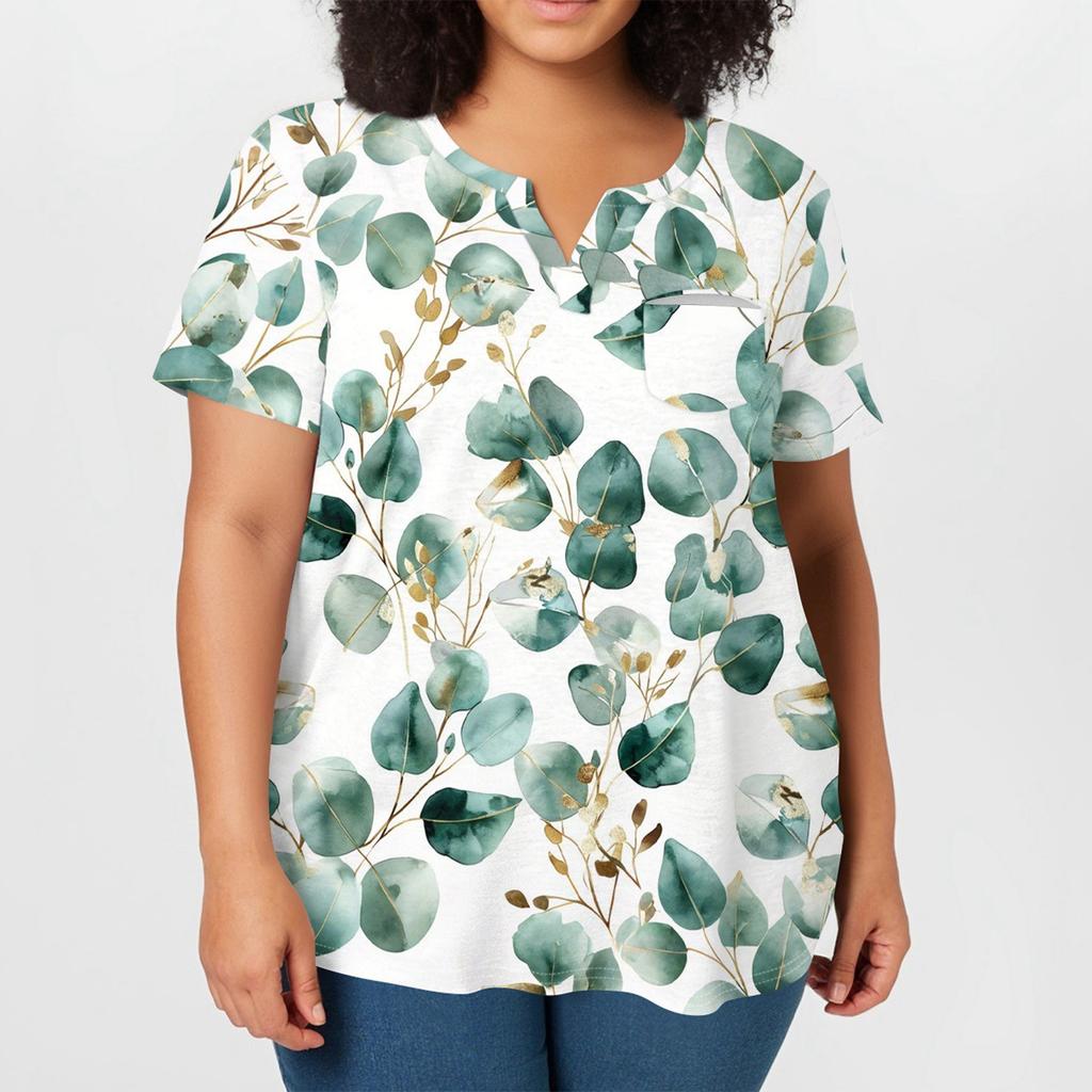Women's Large Size T-Shirt Casual Tie- V-Neck Short Sleeve Pocket Top