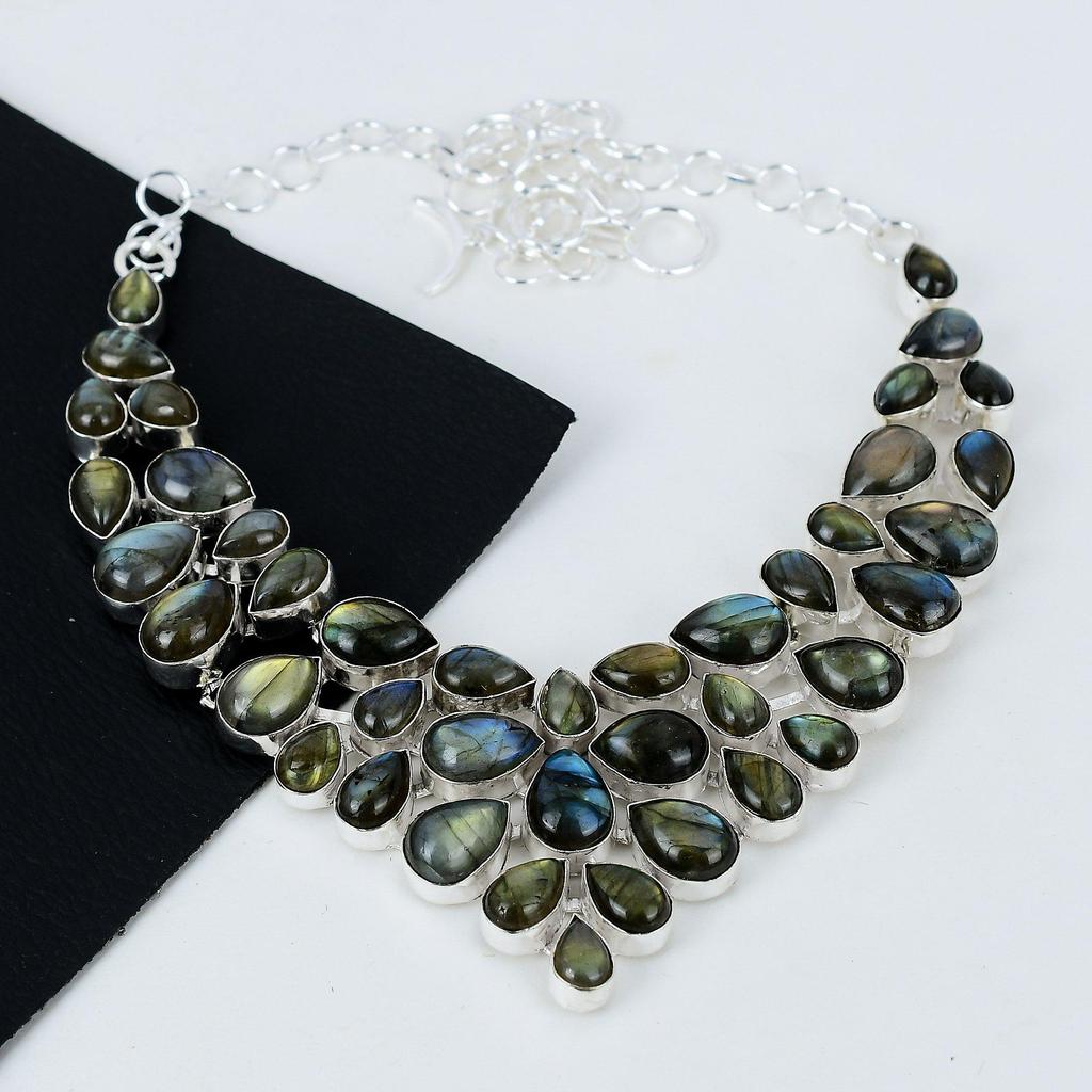 Natural Labradoritet Gemstone Handmade 925 Sterling Silver Electroform Necklace, Labradorite Silver For Wife Unisex Necklace Mother's Day Gifts