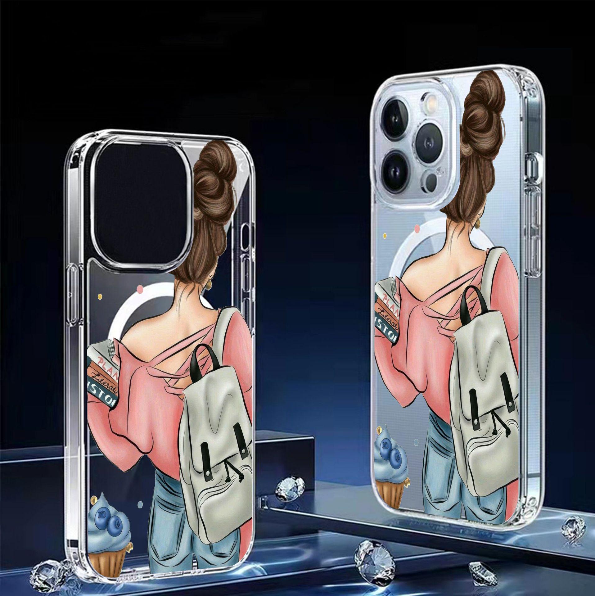 

Magnetic Backpack Girl Transparent Case for iPhone 15/16/17 Pro Max with Full Coverage Galaxy S22 прозорий